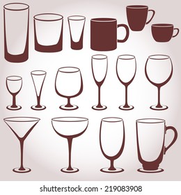 Set of transparent glasses goblets, cocktail glasses collection, vector illustration, icons