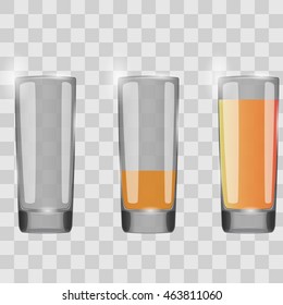 Set vasos transparentes con jugo y vaciar, Ilustración vectorial. Fácil cambio de altura de vidrio. Fácil cambio de color de jugo