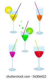 Set of transparent glasses with many-coloured drinks: red, yellow, orange, green, lilac