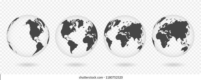 Set of transparent globes of Earth. Realistic world map in globe shape with transparent texture and shadow. Vector