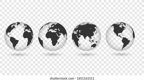 Set of transparent globes of Earth. Realistic world map in globe shape with transparent texture and shadow.