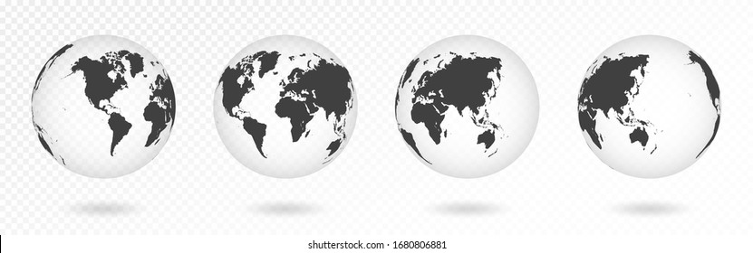 Set of transparent globes of Earth. Realistic world map in globe shape with transparent texture and shadow. Abstract 3d globe icon. Vector