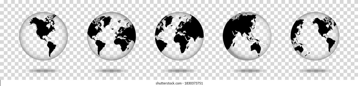 Set of transparent globes of Earth, realistic world map in globe shape with transparent texture and shadow