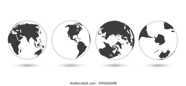 Set of transparent globes of Earth. Realistic world map in globe shape with transparent texture and shadow.