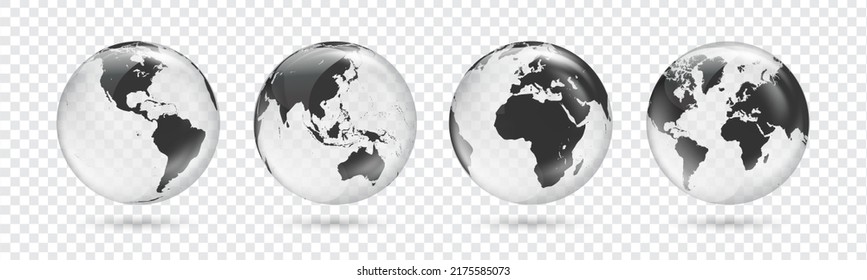 Set of transparent globes of Earth. Realistic world map in globe shape with transparent texture and shadow. Vector illustration EPS10