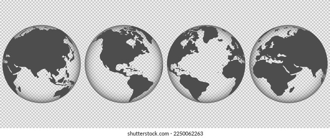 Set von transparenten Globen der Erde. Realistische Weltkarte in globaler Form. Vektorgrafik. EPS10.