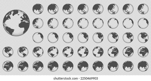 Set von transparenten Globen der Erde. Realistische Weltkarte in globaler Form. Vektorgrafik. EPS10.