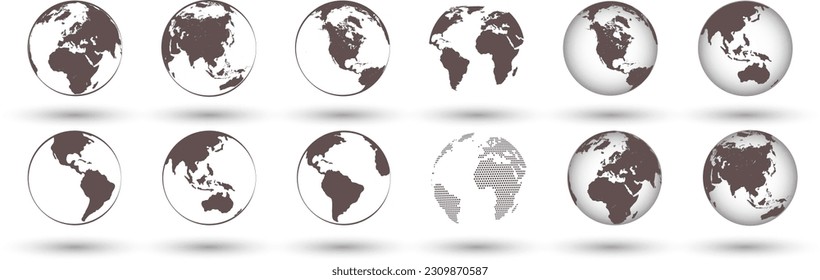 Set of transparent globes of Earth. Realistic world map in globe shape with transparent texture and shadow. World map in globe shape. Vector illustration