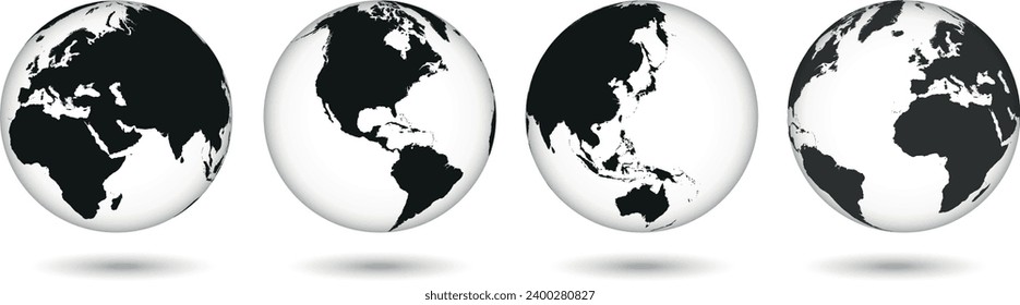 Set of transparent globes of Earth. Realistic world map in globe shape with transparent texture and shadow
