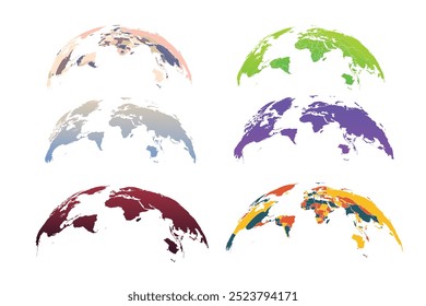 Set of transparent globes of Earth. Realistic world map in globe shape with transparent texture. Globe icons. Earth hemispheres with continents. 3d vector world map set.