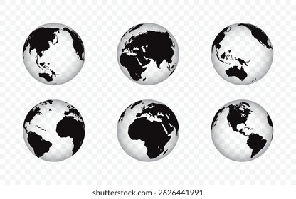Set of transparent globes of Earth. Realistic world map in globe shape with transparent texture and shadow