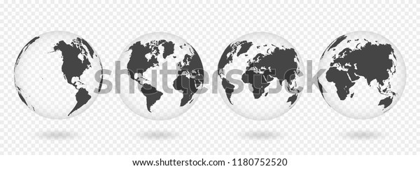 Set of
transparent globes of Earth. Realistic world map in globe shape
with transparent texture and shadow.
Vector