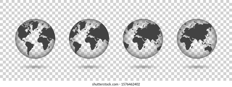 Set of transparent globes. Earth transparent style. 3d icon with set transparent globes earth. Vector illustration