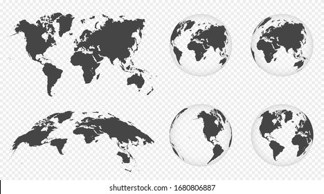 Set of transparent globes of Earth. World map template with continents. Realistic world map in globe shape with transparent texture and shadow. Abstract 3d globe icon. Vector