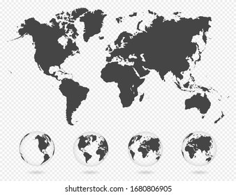 Set of transparent globes of Earth. World map template with continents. Realistic world map in globe shape with transparent texture and shadow. Abstract 3d globe icon. Vector