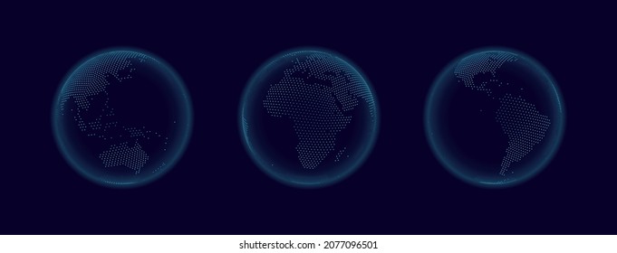 Set of Transparent Globes of Earth. World Map In Globe Shape. Futuristic Globalization HUD Interface. Sci-Fi Technology Abstract Graphics. Internet of Things IOT Concept. Vector Illustration.