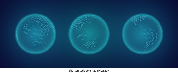 Set of Transparent Globes of Earth. World Map In Globe Shape. Futuristic Globalization HUD Interface. Sci-Fi Technology Abstract Graphics. Internet of Things IOT Concept. Vector Illustration.
