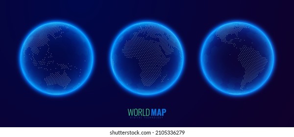 Set of Transparent Globes of Earth. World Map In Globe Shape. Futuristic Globalization HUD Interface. Sci-Fi Technology Abstract Graphics. Internet of Things IOT Concept. Vector Illustration.