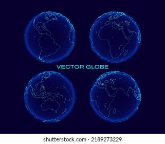 Set of Transparent Globes of Earth. World Map In Globe Shape. Futuristic Globalization HUD Interface. Sci-Fi Technology Abstract Graphics. Internet of Things IOT Concept. Vector Illustration.