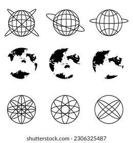 Set of transparent globes of Earth. World Icon Black, Vector world map icons. Globe icons. Set of vector globe earth