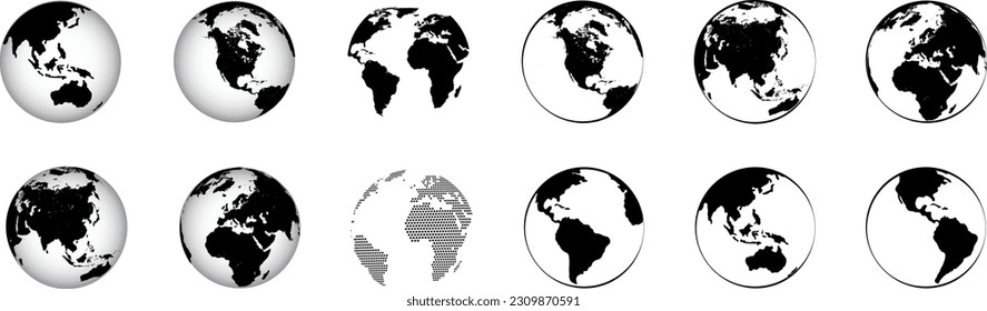 Set of transparent globes of Earth. World map template with continents. World map in globe shape. Vector illustration