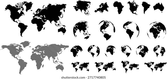 Set of transparent globes of Earth. World map template with continents. Realistic world map in globe shape with transparent texture and shadow.