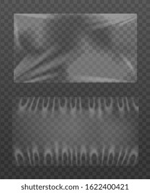 Set of transparent glossy polyethylene plastic wrap, realistic vector illustration isolated on transparent background. Cellophane film for products wrapping.