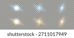 Set of transparent glowing star lens flare bursts and glowing sunburst effects. Bright white blue gold light, shine overlay. Editable vector illustration. 