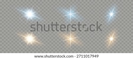 Set of transparent glowing star lens flare bursts and glowing sunburst effects. Bright white blue gold light, shine overlay. Editable vector illustration. 