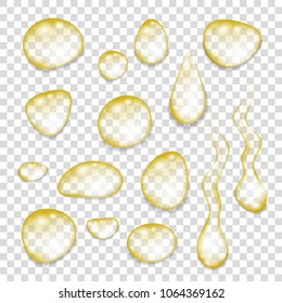 Set of  transparent gold drops  isolated on a gray background. Golden oil. Realistic  vector  illustration.