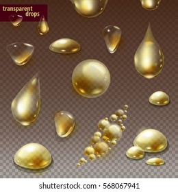 Set of transparent gold water drops and bubbles. Set of oil design elements. Vector illustration.