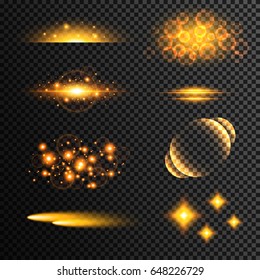 Set of transparent golden light effects. Gold glitter for design, effect of the lens.