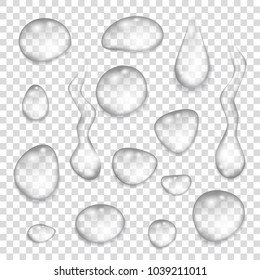 Set of  transparent gray drops of pure clear water isolated on a checkered  background. Realistic  vector  illustration.