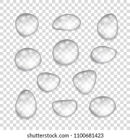 Set of  transparent  gray  drops of pure  water.  Realistic  vector  illustration.