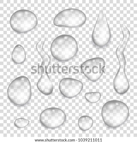 Set of  transparent gray drops of pure clear water isolated on a checkered  background. Realistic  vector  illustration.