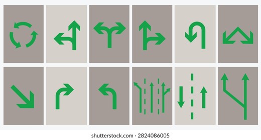 Set of transparent green arrow icons showing various traffic directions and movements
