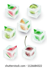 A set of transparent ice cubes in blue tones. Cubes of ice with kiwi, mint, cherry, watermelon, orange. Realistic set, 3d vector illustration.
