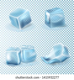 Set of transparent ice cubes. Frost and cold 3d realistic vector mesh