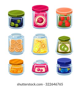 Set of transparent jars with fruits, vegetables and cookies vector illustration collection