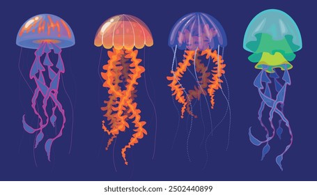 Set of transparent jellyfish in cartoon style.Vector illustration of sea jellyfish of different species with gelatinous body, cap, pulling tentacles isolated on dark blue background. Underwater world.