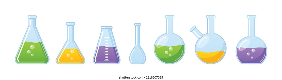 Set of Transparent Laboratory Glassware Instruments. Equipment For Chemical Lab, Beaker, Tube And Flask For Scientific Experiment Isolated on White Background. Cartoon Vector Illustration