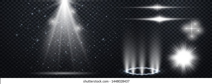 Set of Transparent Lens Flares and Lighting Effects. White spotlights.  Light Effects. Realistic falling snowflakes. Vector illustration