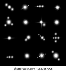 A set of transparent lenses. Glowing light effects isolated on a black background. Solar flare with rays and spotlight. Glow light effect. The star exploded in sparkles.