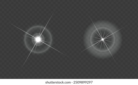 Set of Transparent Light Effects: Stars, Lens Flares, Sun Flashes, and Sparkling Highlights. Glowing Light Bursts, Christmas Lights, Solar Flares, and Festive Twirls for Illustrations and Web Design