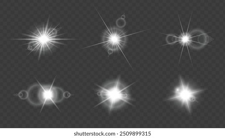 Conjunto de efectos de luz transparentes: estrellas, destellos de lente, destellos de sol y destellos brillantes. Explosiones de luz brillante, luces de Navidad, llamaradas solares y giros festivos para Ilustraciones y Diseño web