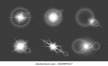 Set of Transparent Light Effects: Stars, Lens Flares, Sun Flashes, and Sparkling Highlights. Glowing Light Bursts, Christmas Lights, Solar Flares, and Festive Twirls for Illustrations and Web Design