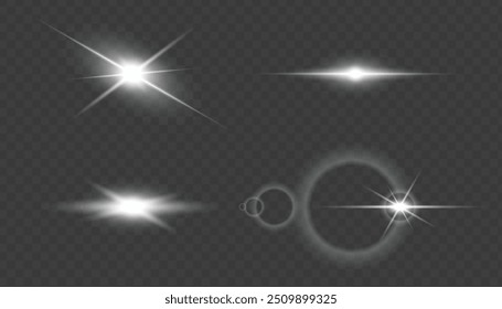 Set of Transparent Light Effects: Stars, Lens Flares, Sun Flashes, and Sparkling Highlights. Glowing Light Bursts, Christmas Lights, Solar Flares, and Festive Twirls for Illustrations and Web Design