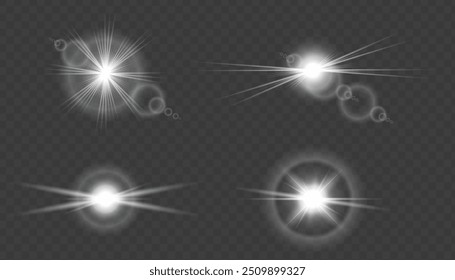 Set of Transparent Light Effects: Stars, Lens Flares, Sun Flashes, and Sparkling Highlights. Glowing Light Bursts, Christmas Lights, Solar Flares, and Festive Twirls for Illustrations and Web Design