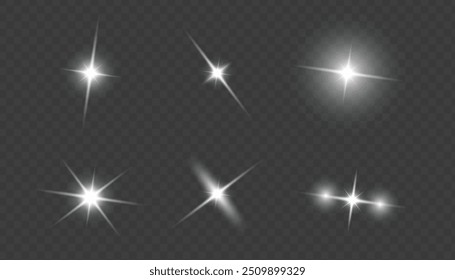 Set of Transparent Light Effects: Stars, Lens Flares, Sun Flashes, and Sparkling Highlights. Glowing Light Bursts, Christmas Lights, Solar Flares, and Festive Twirls for Illustrations and Web Design