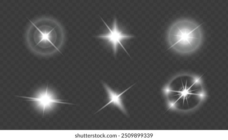 Conjunto de Efeitos de Luz Transparente: Estrelas, Clarões de Lente, Flash de Sol e Realces Espumantes. Explosões de luz brilhante, luzes de Natal, toques solares e redemoinhos festivos para ilustrações e design da Web